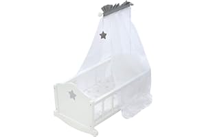 Roba Doll Cradle Set: Stella - Star, Gray & White - Includes Hanging Mobile, Pillow, Blanket & Canopy, Children's Pretend Play, Ages 3+