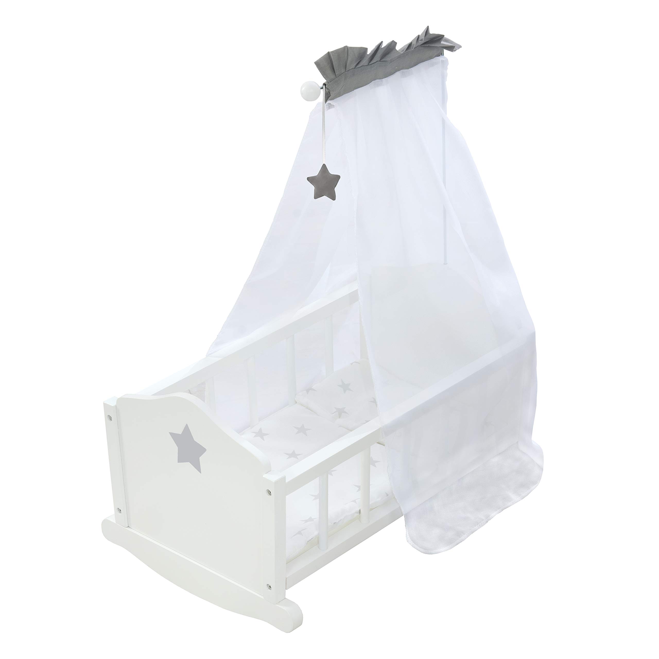 roba Doll Cradle 'Stella', White Lacquered, Including Textile Equipment, Bedding, and Canopy