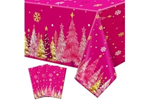 Tingjoo 3 Pack Plastic Christmas Tablecloth 54 x 108 Inch Waterproof Christmas Tree Disposable Plastic Table Cover Rectangle Party Tablecloths for Winter Xmas Holiday Party Supplies(Hot Pink)