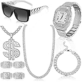 Equsion 9 Pcs Hip Hop Jewelry Set Dollar Sign Pendant Necklace Bracelet Diamond Watch Punk Sunglass Ring Jewelry Kit for Men