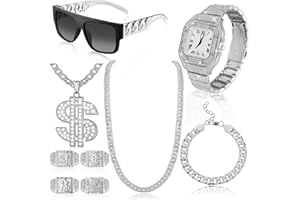 Equsion 9 Pcs Hip Hop Jewelry Set Dollar Sign Pendant Necklace Bracelet Diamond Watch Punk Sunglasses Ring for Men Halloween