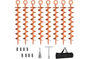 PHOPICH Ground Anchors Screw in, 8 Pack Spiral Trampoline Anchors with Nut and Tool Swing Set Anchors Tent Stakes High Wind Heavy Duty for Sheds, Carports, Mobile Home Orange
