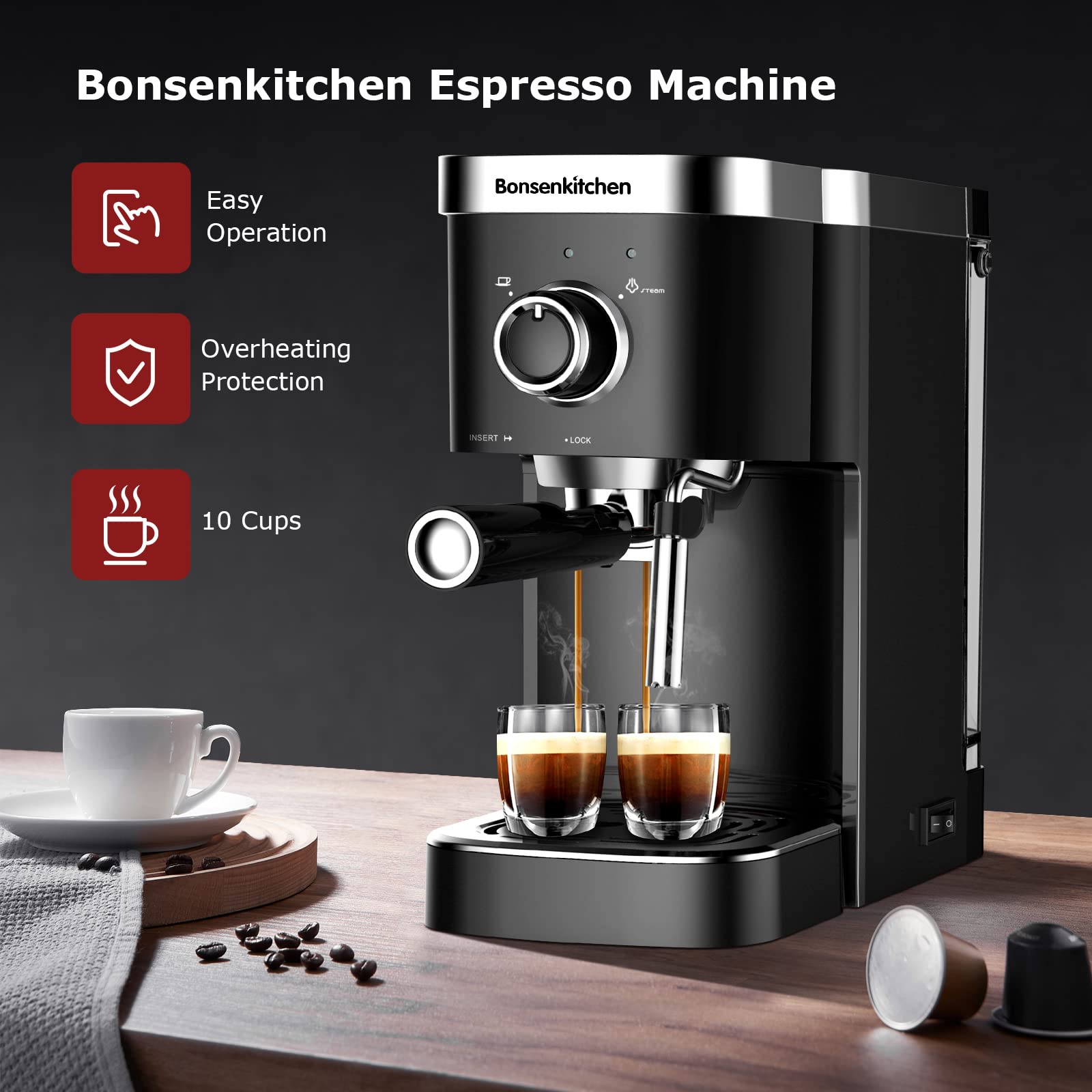 Bonsenkitchen Espresso Machine 15 Bar Expresso Coffee Maker with Milk