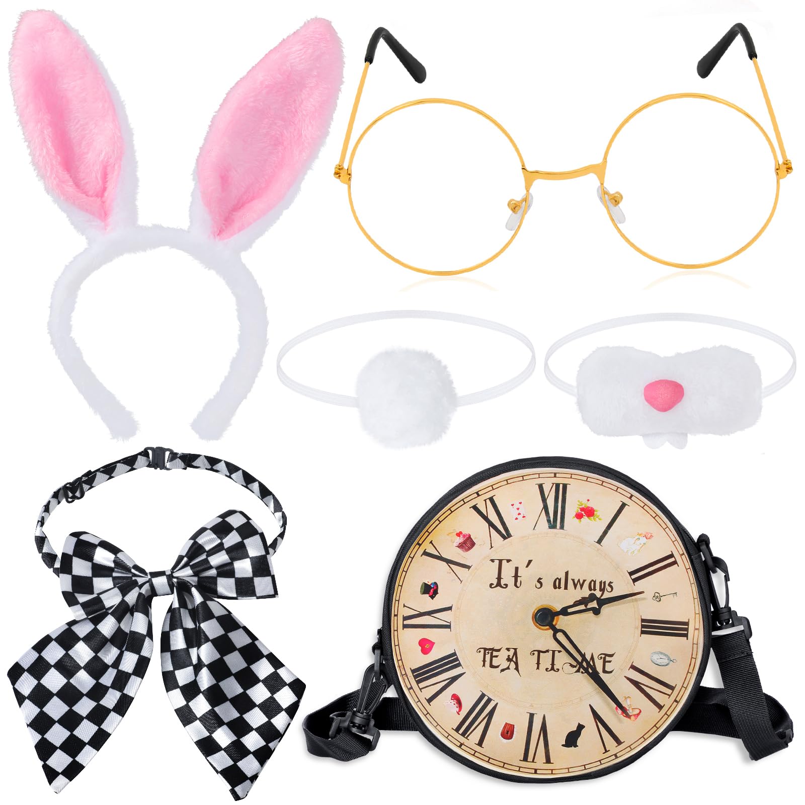 Photo 1 of Kyson Easter White Rabbit Costume Accessories Set 6Pcs Bunny Ear Headband,Bow Tie,Nose,Glasses,Tail,Clock Bag for Halloween (Set A)
