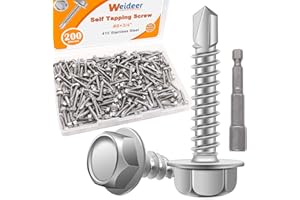 weideer 200pcs #8×3/4" Self Tapping Screws for Metal, 410 Stainless Steel Hex Washer Head Sheet Metal Screws,Quick Tapping Screw with Screwdriver Bit