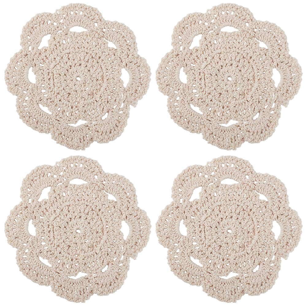 GORGECRAFT 6Pcs Round Cotton Lace Coasters 15cm Crochet Table Placemats Vintage Small Handmade Crocheted Doilies Cup Mat for Wedding Tea Party Table Decoration Dining Room Beige