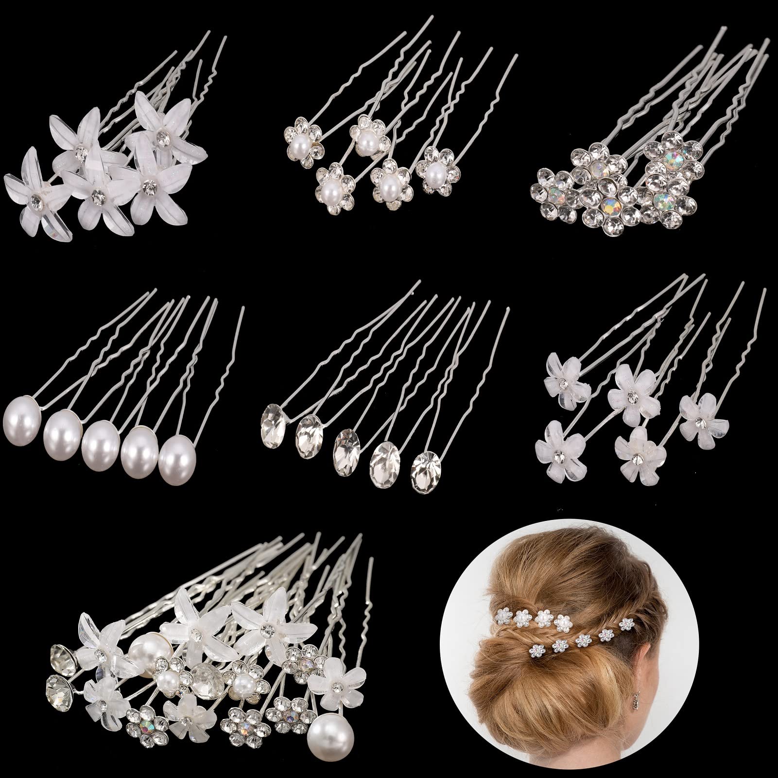 AUXSOUL 30Pcs Bridal Hair Pins - Crystal Pearl U Shaped Diamond Pins, Wedding Rhinestone Hair Clip for Women Girl (6 Styles)