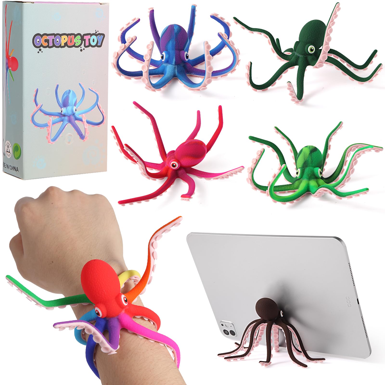 AOSTEONG Octopus Fidget Toy with Suction Cups – Silicone Stress Relief and Sensory Play Desk Toy, Bendable Tentacles for Creative Poses, Portable Gift for Kids, Teens and Adults (Green)