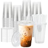 BYSNOW 20 oz 100 Pack Clear Plastic Iced Coffee Cups with Lids Disposable | Food Grade, Leak Proof To Go Cups With Straw, for Cold Drink, Smoothies, Juice, Party, Picnic, Wedding, Coffee Shop