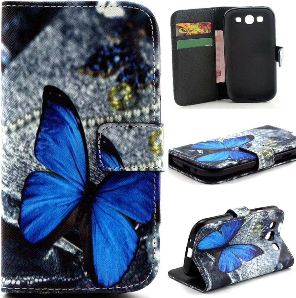 Gift_Source Galaxy S3 Case, Galaxy S III i9300 Case, PU Leather Wallet Case Flip Stand Cover for Samsung Galaxy S III GT-i9300/GT-i9308/Galaxy S3 4.8" (Does NOT FIT Galaxy S3 Mini/J3),Blue Butterfly