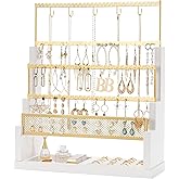 Lolalet Earring Holder Stand, Home Decor 5 Tiers Jewelry Organizer Rack for Stud Earring Necklace Bracelet Wooden Rustic Display Storage with Velvet Ring Tray,Up to 90 pairs of earrings -White