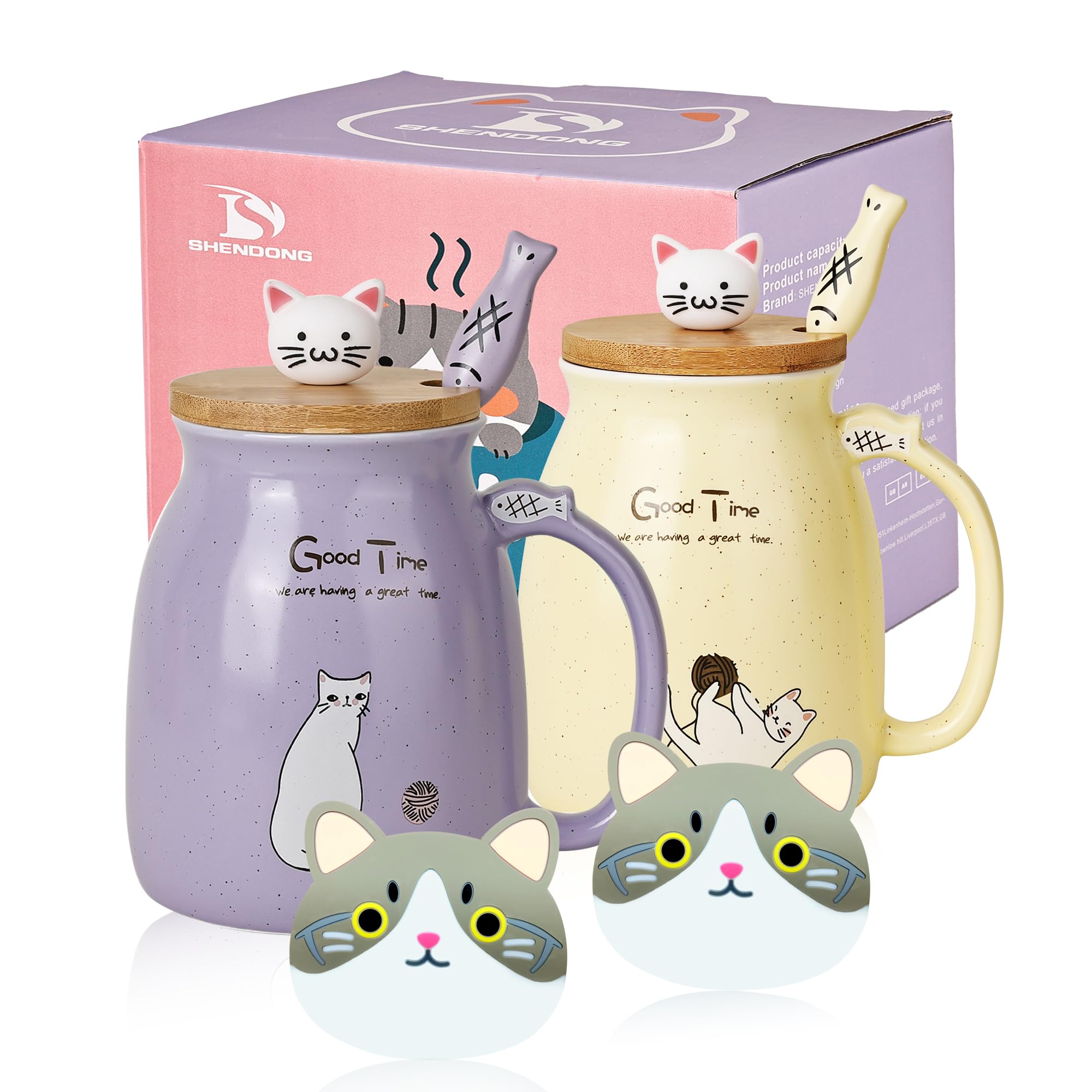 2 Pack Cute Ceramic Coffee Cups Set of 2 with Kawaii Bamboo Lid and Spoon Novelty Morning Cup Coffee Milk Tea Mugs - 3d Animal Cat Mugs for Cat Lovers Women Gifts (Purple and Yellow)