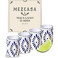 MEZCASA Talavera Shot Glasses — 100% Handmade Ceramic Tequila Shot Glasses with Talavera Mexican Pottery Design — Perfect Tequila Gifts for Women & Men for Any Occasion (BLUE | SET OF 4)
