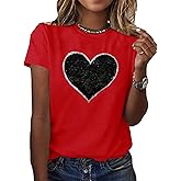 SweatyRocks Women's Heart Print Glitter Sequin T Shirts Casual Round Neck Short Sleeve Tee Tops