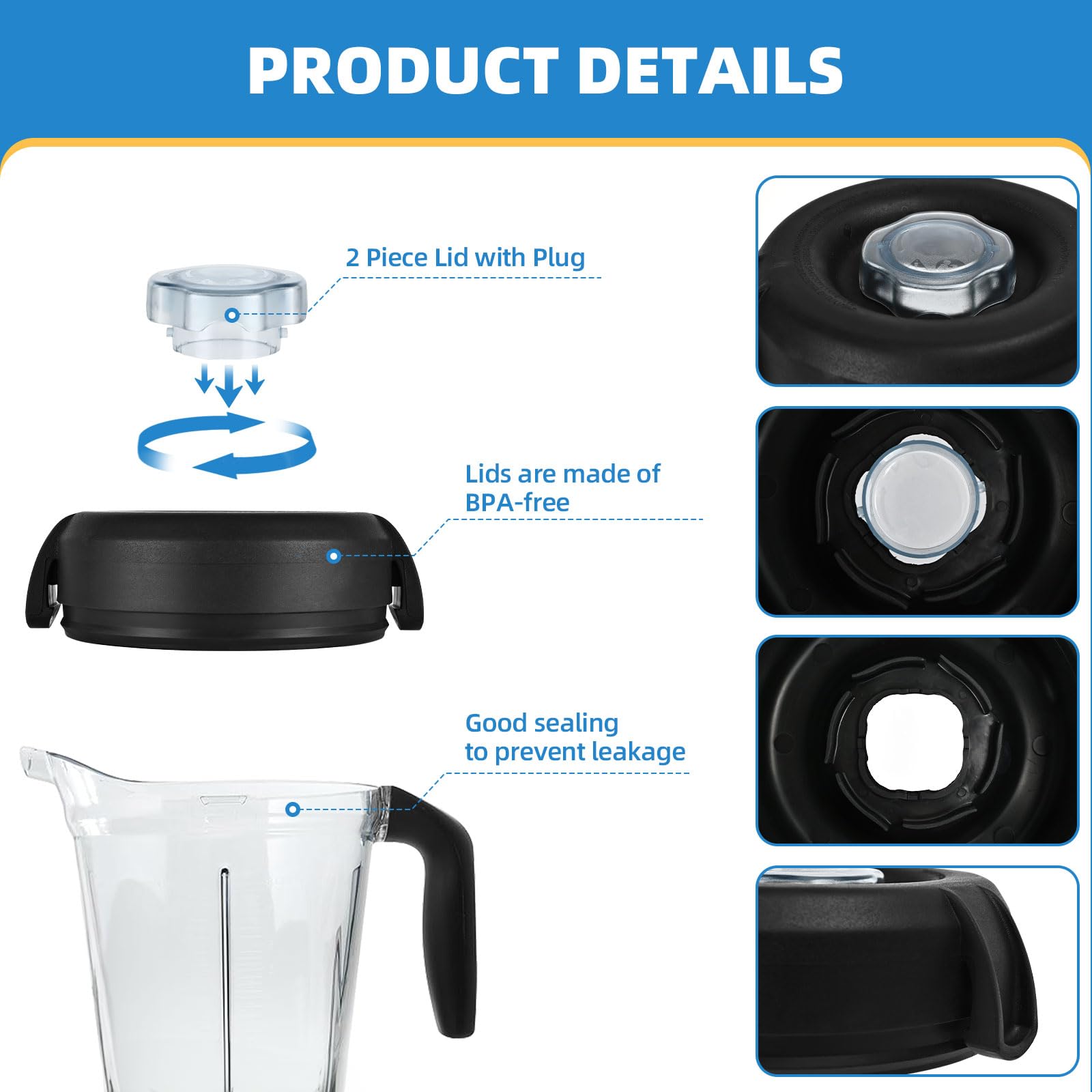 For Vitamix Lid Replacement, Lids For 64 oz. Low Profile Containers, For Vitamix Pro 750 5300 E320 VM0158 7500 780 Pitchers, Lid Compatible With Vitamix Accessories