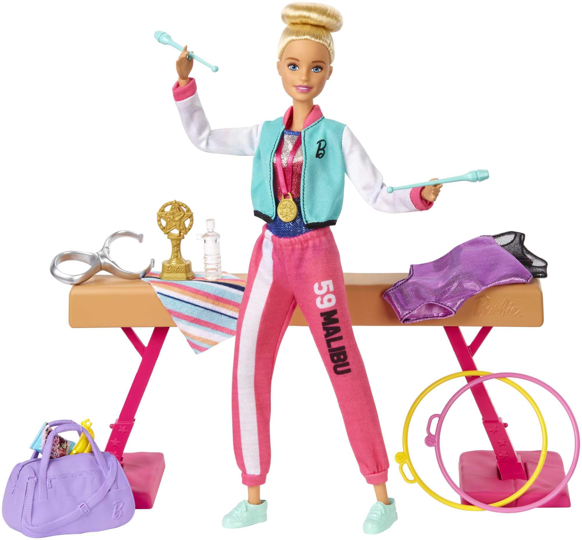 Barbie Gymnastics Playset: Barbie Doll with Twirling Feature, Balance Beam, 15+ Accessories for Ages 3 and Up, GJM72