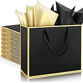 ReliThick 12 Pack Metallic Paper Gift Bag with Handles and Tissue Paper 11.8 x 10 x 4'' Thank You Favor Bag for St. Patrick's Day Wedding Bridesmaid Groomsman 5 Senses Gifts (Black,Gold)