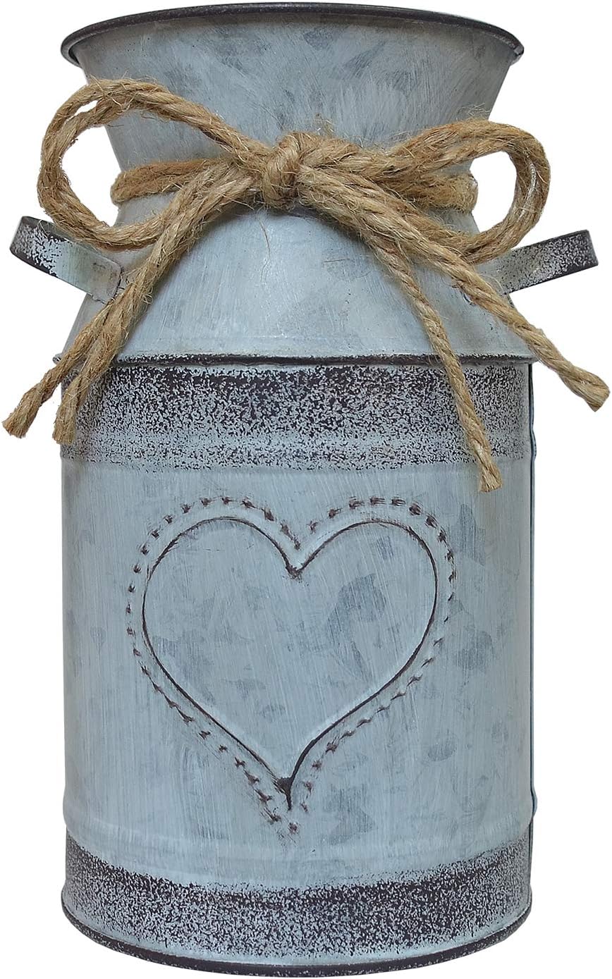 French Shabby Chic Metal Jug Galvanized Vase for Flowers Milk Can Rustic Bucket Farmhouse Decor for The Home,Kitchen, Livingroom