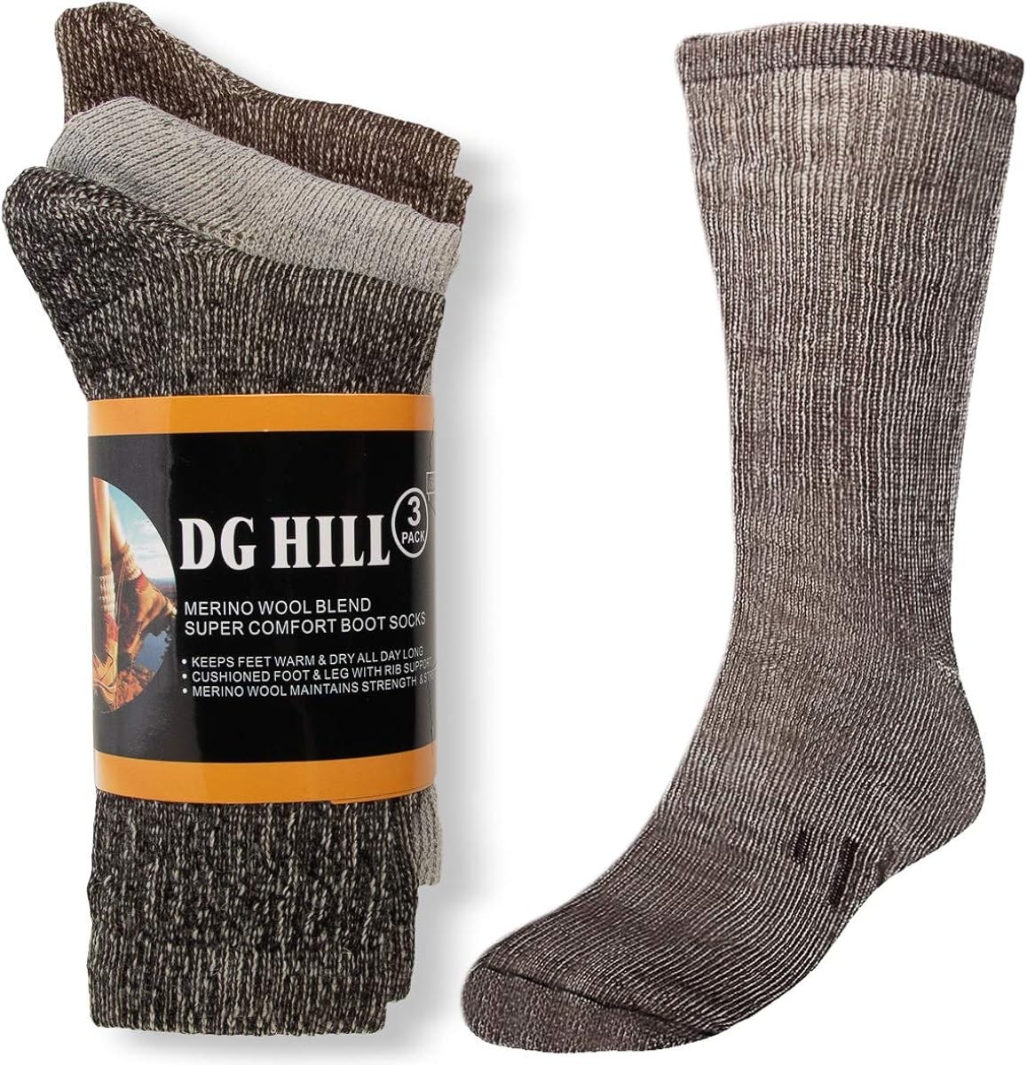 3 Pairs Thermal 80% Merino Wool Socks Thermal Hiking Crew Black/Brown/Grey Medium Men's 5-8.5,Women's 6-10.5: Clothing