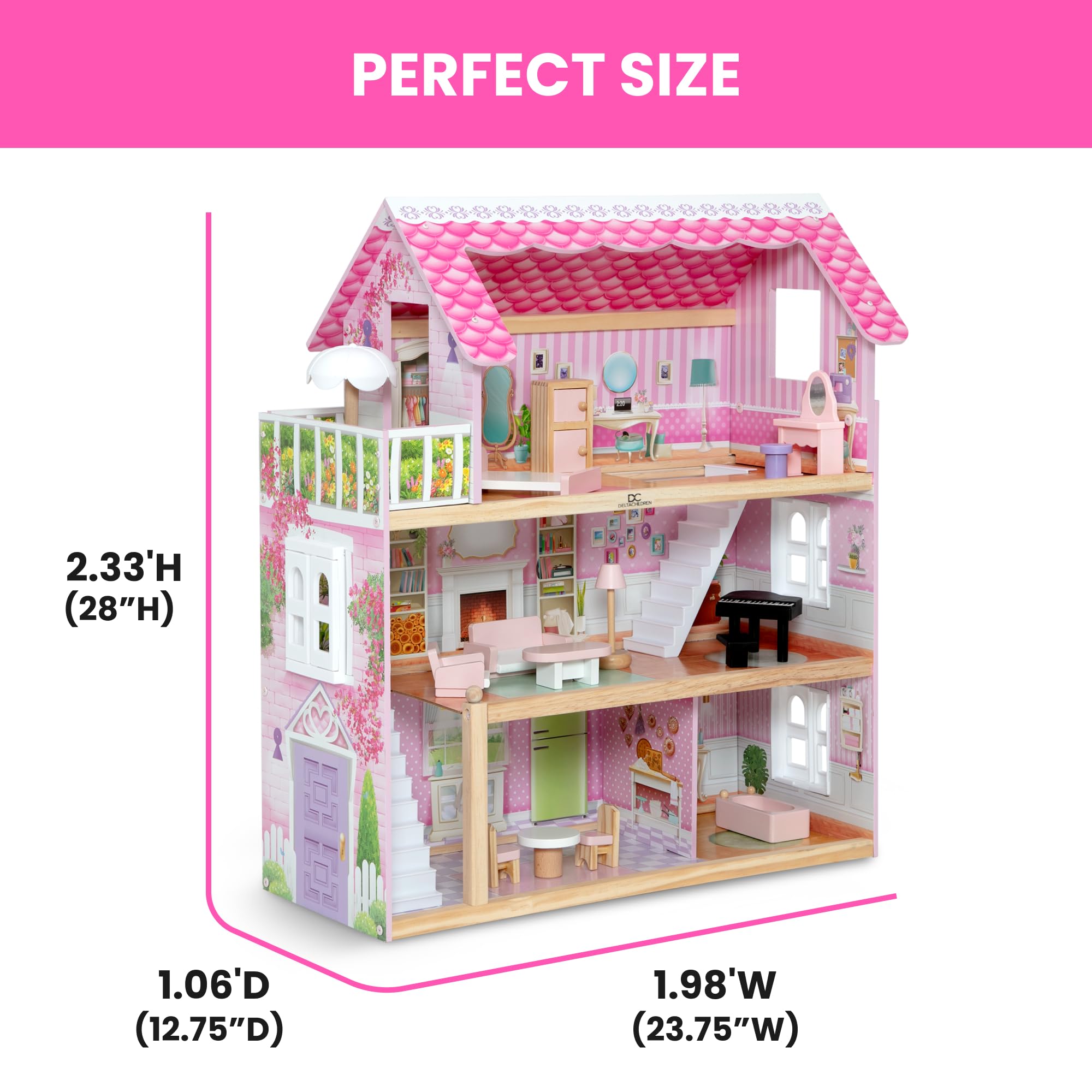 Delta Children Little Gem Dollhouse - 3-Story Dollhouse with 4 Rooms - Includes 16 Accessories - Fits 5-inch Dolls - Pretend Play Dream Gift for Ages 3+
