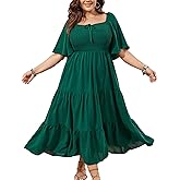SCOMCHIC Women's Plus Size Flowy Maxi Dress Flutter Short Sleeve Boho Dress Square Neck Smocked Formal Dresses for Women