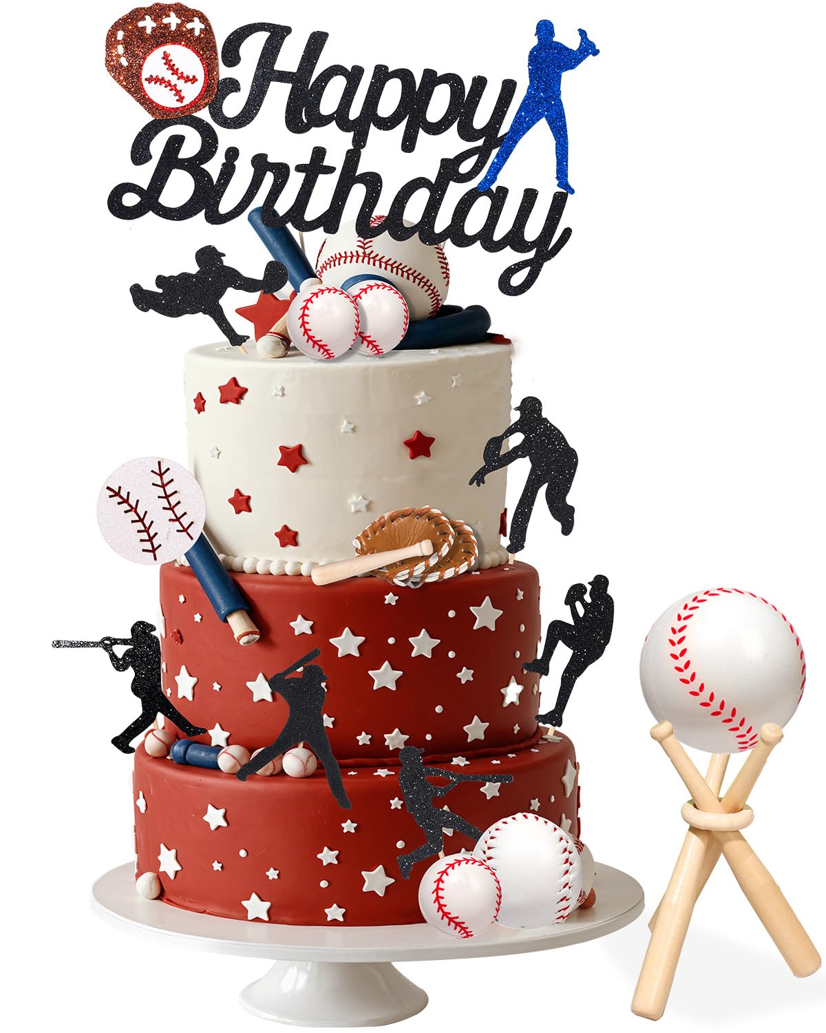 Photo 1 of RAYNAG 16-Piece Baseball Party Decorations - Sports Cake Toppers & Stand for Birthday Theme