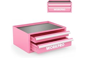 WORKPRO 12.5" Mini Tool Box with 2 Drawers & 1 Open Top Storage, Small Metal Tool Chest with PVC Liners & PP Feet Pads, Cold Rolled Steel Toolbox with Drawer Liners & Magnetic Tabs - Pink Ribbon