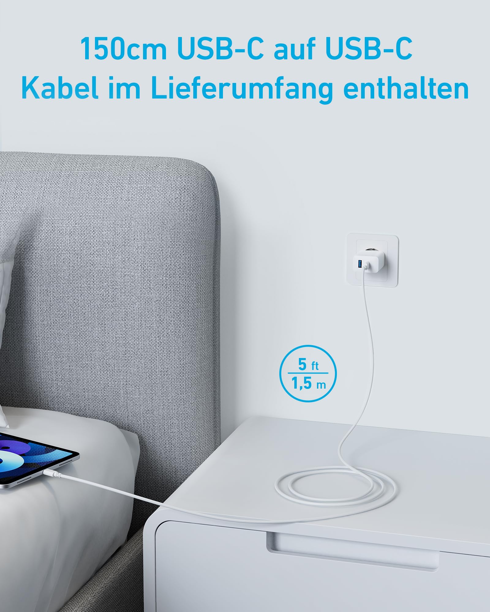 Anker 20W USB C Ladegerät, iPad Netzteil, USB-Schnellladenetzteil, iPad Ladegerät, Kompatibel mit iPhone 17/16/15 Series (mit 150cm USB-C Kabel) 3