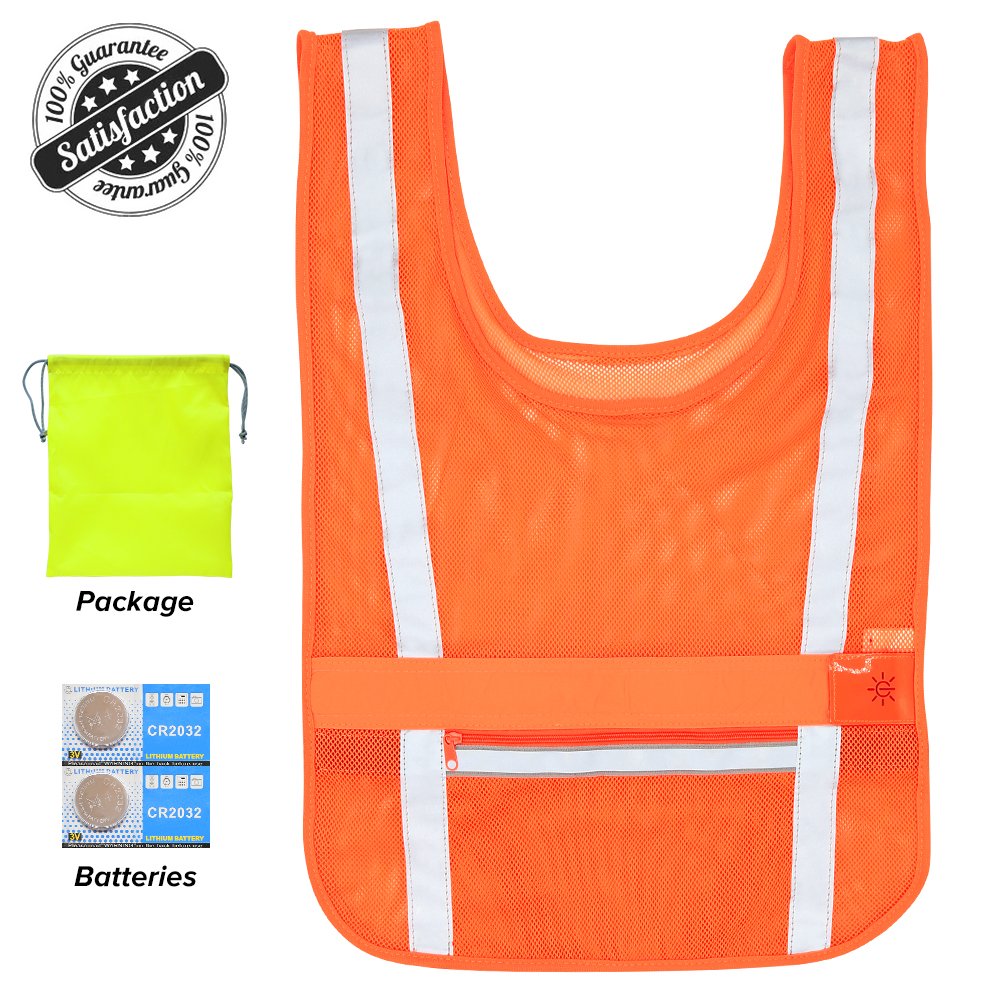 CLAN-X Reflective Running Vest LED Safety Lights Vest, Adjustable Lightweight& Comfortable Mesh Reflective Vest Gear for Running, Cycling, Hiking, Jogging, Motorcycling, Night-working (Orange)