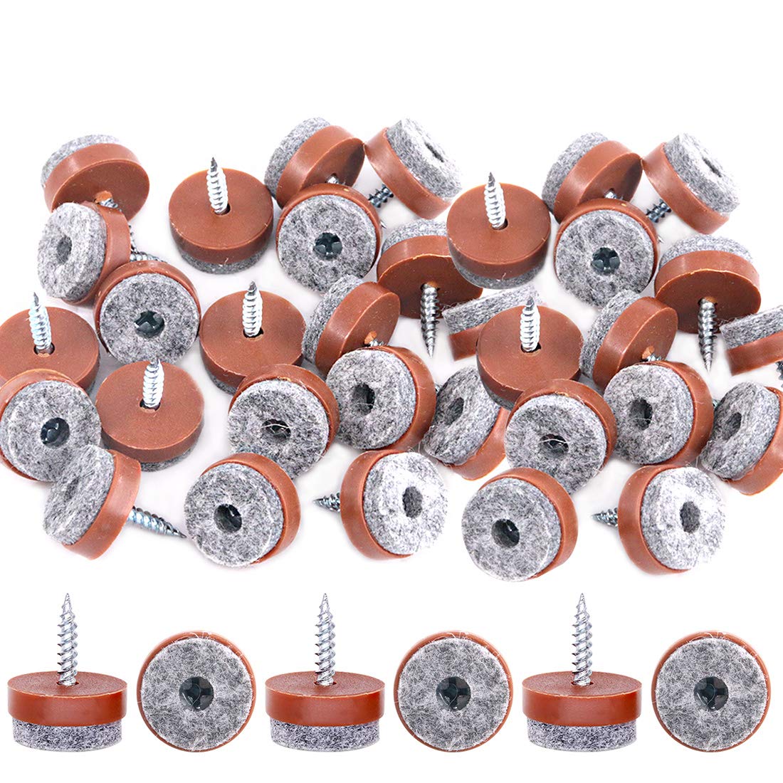 Glarks 52Pcs 20mm Brown Screw-on Furniture Antiskid Felt Pad Slider Floor Protector for Wooden Leg Feet of Chair Table Sofa Stool (52Pcs 20MM)