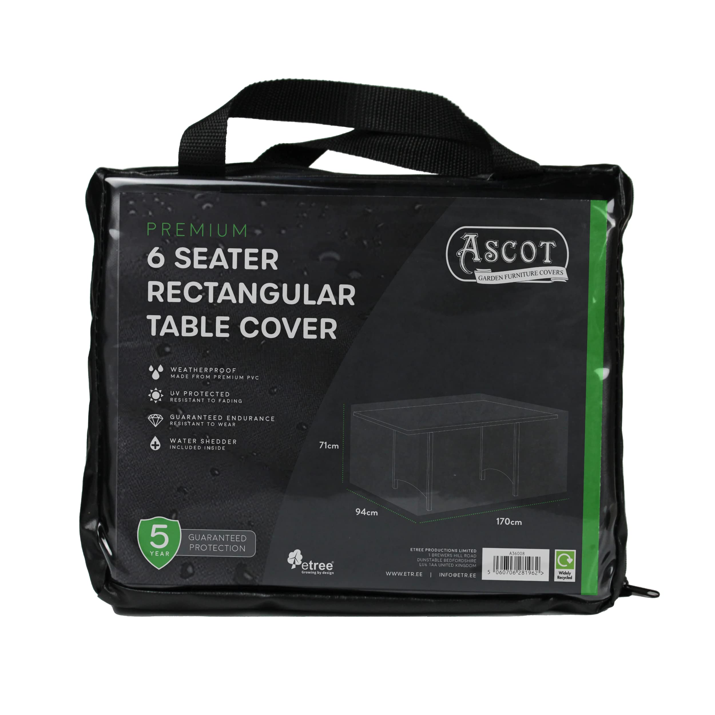 Ascot Premium Rectangular 6 seater table cover - 170 X 94 X 71 (H) cm Deep Black