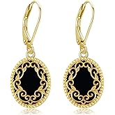 Black Onyx Earrings Sterling Silver Filigree Dangle Drop Earrings for Women 18K Yellow Gold Plated Black Onyx Jewelry Gifts for Women