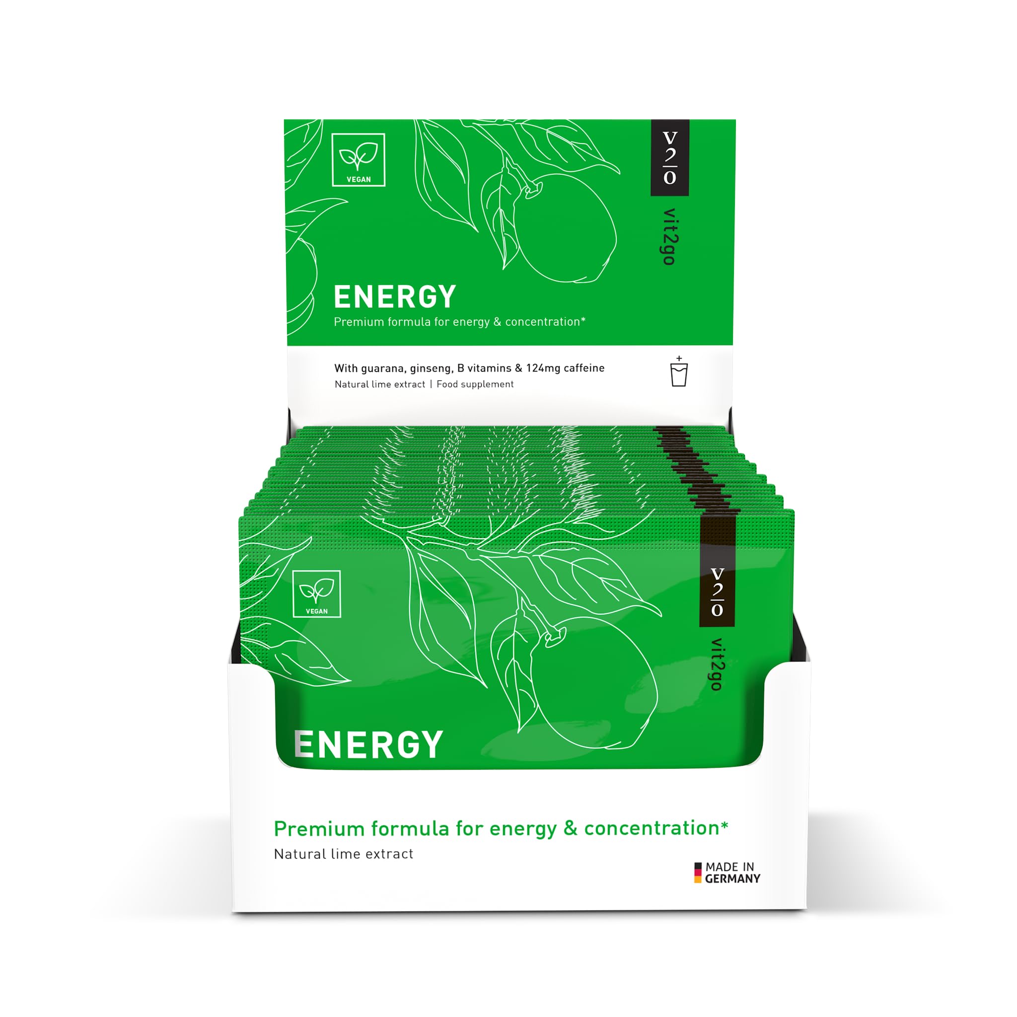 Vit2Go Natural Energy Drink Mix – 124mg Caffeine from Ginseng & Guarana | Sugar-Free, No Crash Pre-Workout Powder | B Vitamins, Magnesium & Zinc | Focus & Performance | Keto, Vegan | 30 Sachets