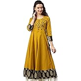 Yash Gallery Women's Cotton Embroidered Indian Stand Collar3/4 Sleeve Anarkali Kurtis For Summer