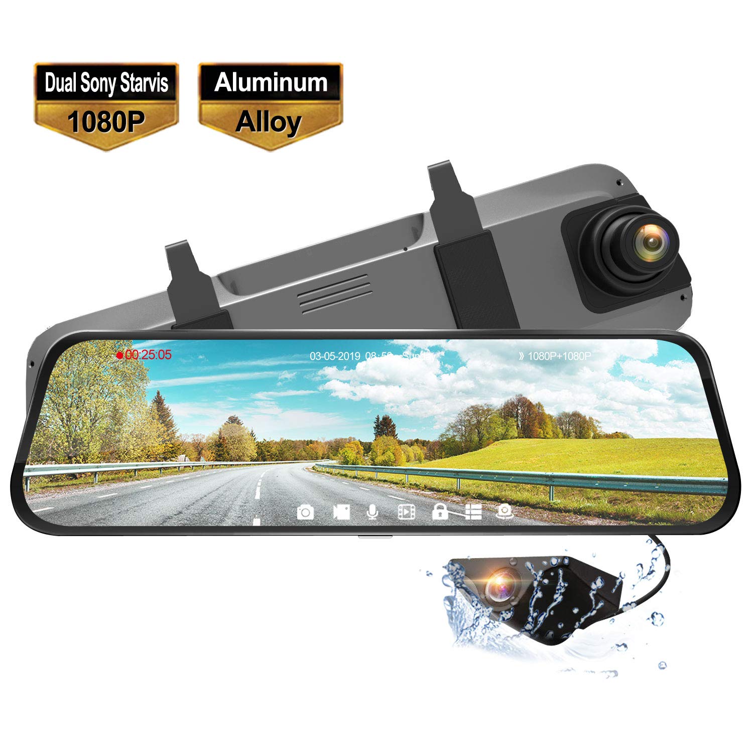 Rear View Backup Mirror Camera with Dual Sony Starvis Lens,1080P Front and Backup Camera Driving Recorder 9.66" Waterproof Full Touch Screen