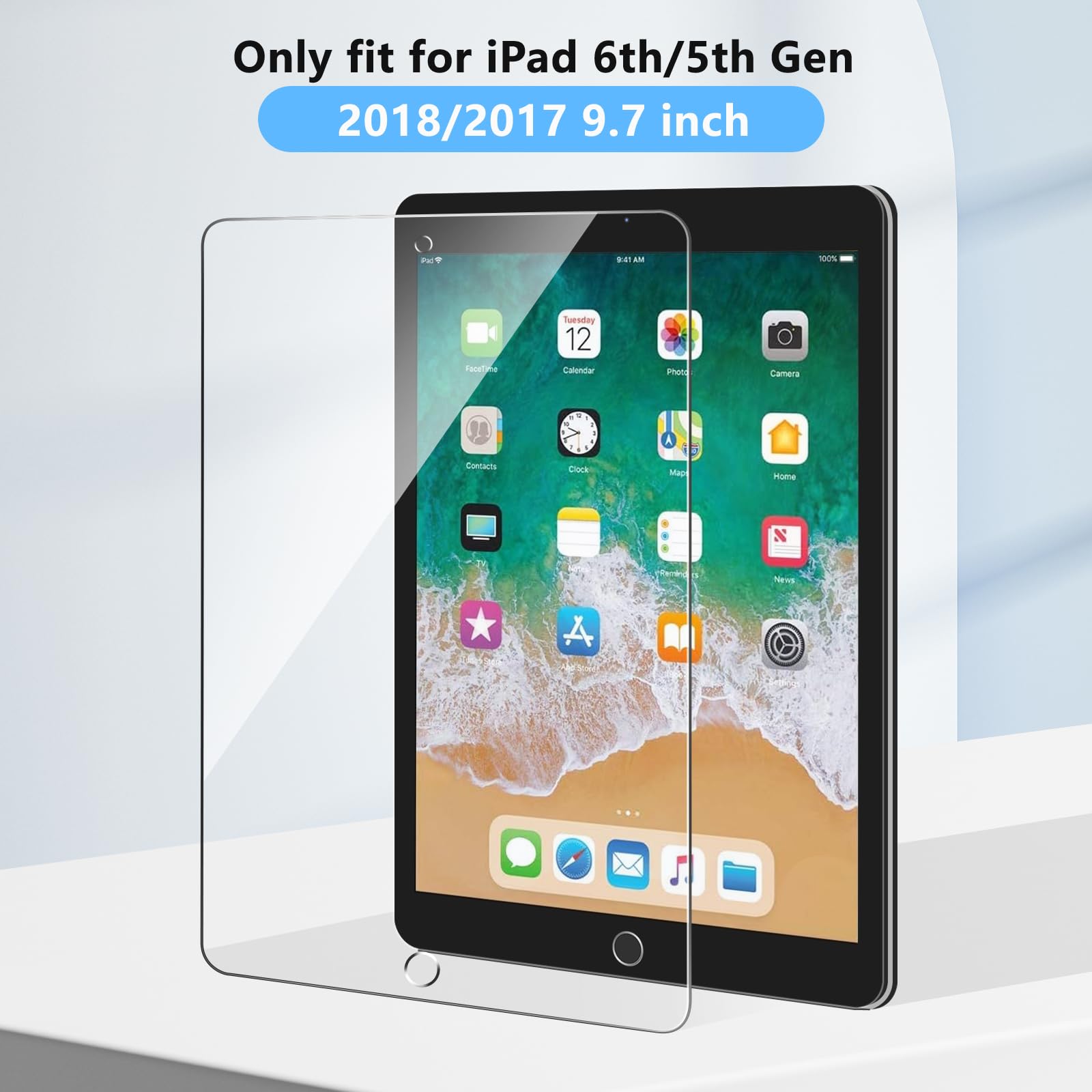 2 Pack Screen Protector for iPad 6th 5th Generation 9.7 Inch 2018/2017, Tempered Glass Compatible with iPad Air 2/Air 1/iPad Pro 9.7, Anti-Scratch 9H Hardness Apple Pencil Compatible