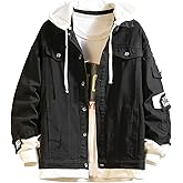 Hengvira Unisex Denim Jacket with Hoodie Distressed Ripped Oversized Button Down Trucker Jean Jackets Coat