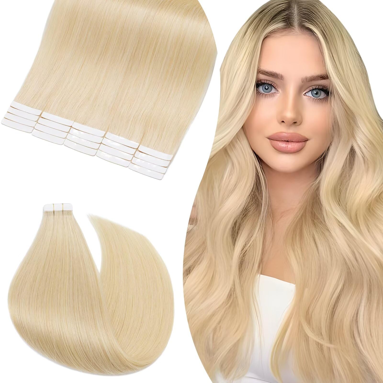UK-Fashion-Shop Tape in Hair Extensions Human Hair Remy Real Hair 16 Inch (20 pcs) #613 Bleach Blonde50g Skin Weft Straight Natural Invisible — image 1