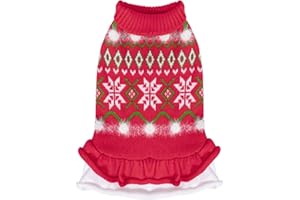 CuteBone Fancy Christmas Dog Sweater Dress, Soft and Stretchy Dog Clothes for Small Dogs Girl, Christmas Snowflake Red Puppy Sweater Pullover Ruffle Dress Pet Outfit Cat Apparel