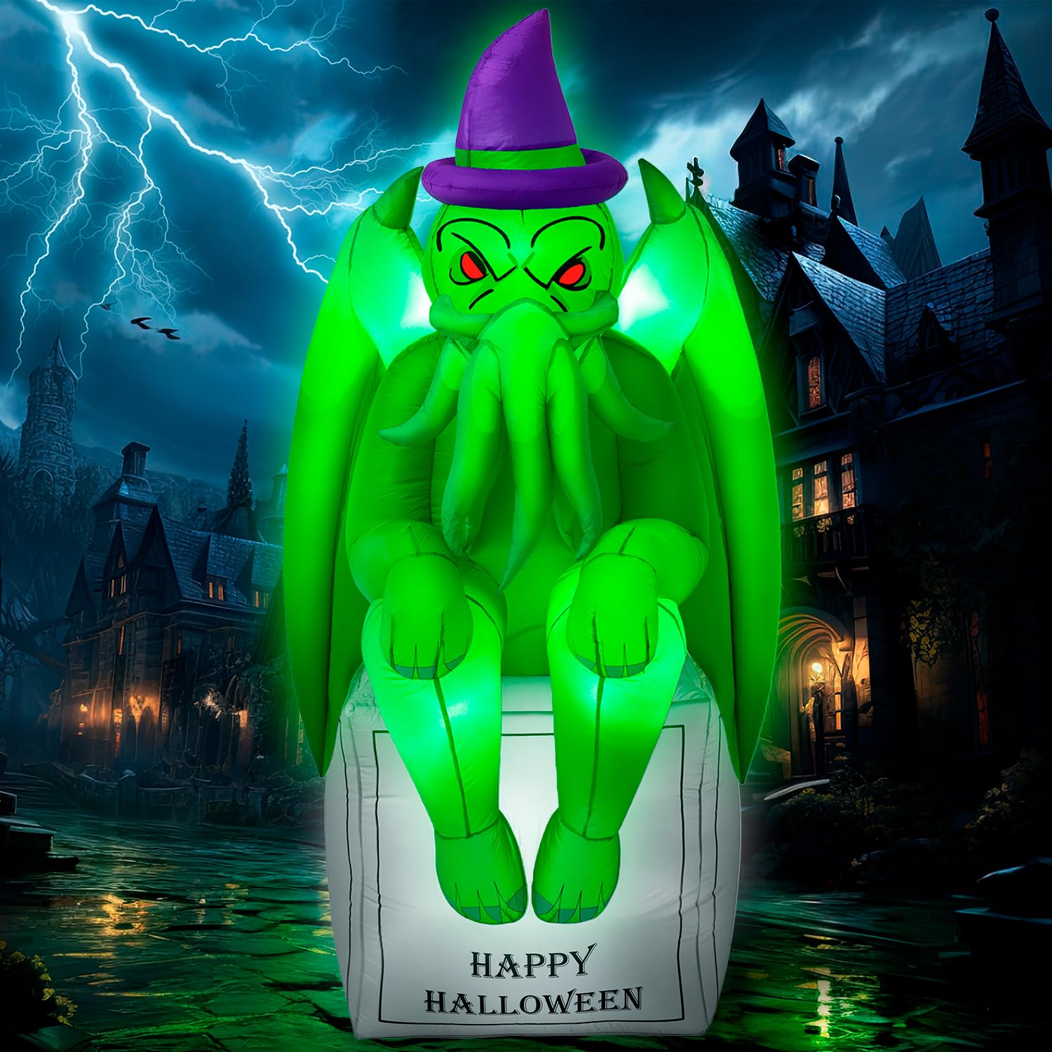 Photo 1 of 6FT Halloween Inflatables Cthulhu Statue Built-in Bright LED Lights, Halloween Decorations Outdoor Wear Witch Hat Inflatable Cthulhu Blow Up Yard Decoration Outdoor Patio Lawn