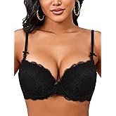 IHOIU Women's Lace Push Up Bra Padded Add 2 Cups Underwire Support Full Coverage Plunge Everyday Lift Bras (Black, 34C)