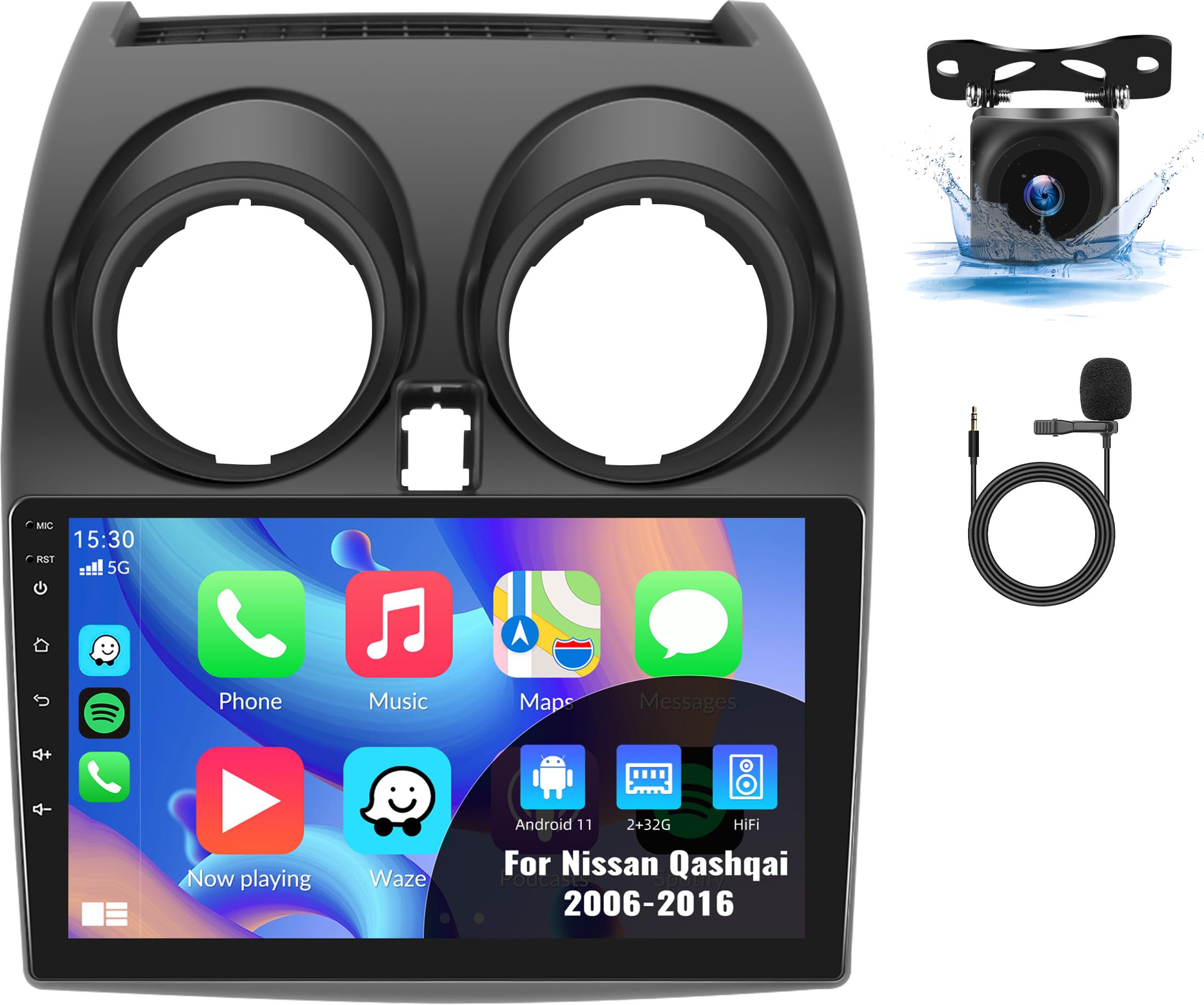 CAMECHO 2+64G Android 13 Apple Carplay Car Stereo for Nissan Qashqai (2006-2016) 9 Inch Touch Screen Double Din Car Stereo with Backup Camera Sat Nav Support Android Auto/HiFi/WiFi/GPS/SWC