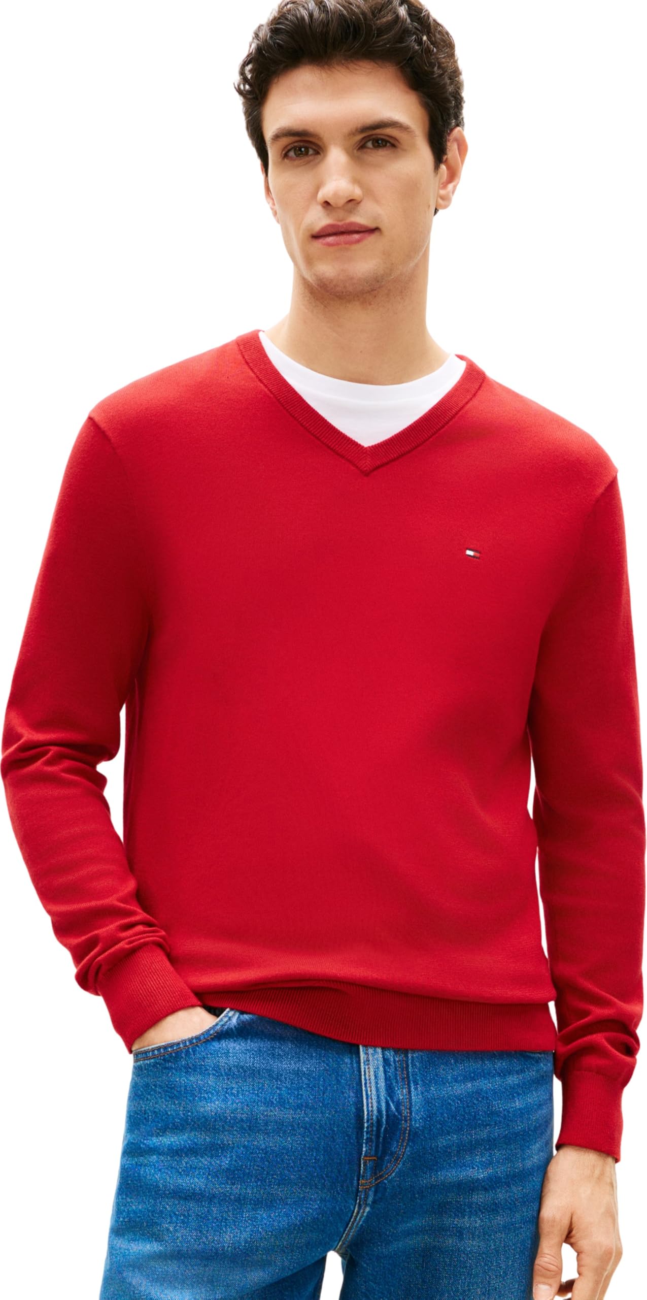 Tommy Hilfiger Herren Pullover Essential Cotton V-Ausschnitt, Rot (Medium Red), S