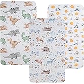 Tontukatu Pack n Play Sheet Stretchy Fitted Portable Mini Crib Sheets Set 3 Pack,Playard Sheets Convertible Playard Mattress Cover,Ultra Soft Jersey Material,Sun/Forest Deer/Dinosaur