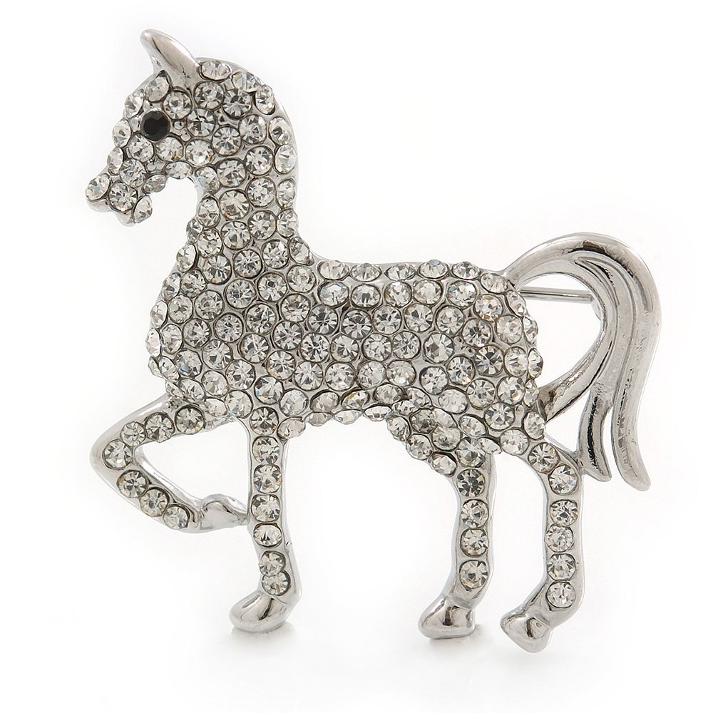 Small Silver Tone Austrian Crystal Horse Brooch - 38mm Width