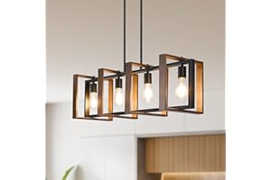 EDISHINE 35.4" Dining Room Light Fixture, 4-Light Adjustable Kitchen Island Lighting, Rustic Wood and Black Mental Finish, Fa