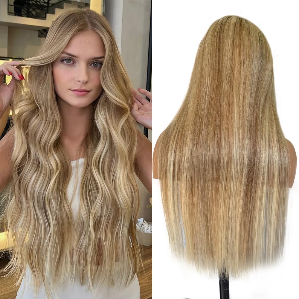 Photo 1 of Belaved Highlight Ombre Medium Brown Lace Front Wigs Human Hair Mix Blonde 13x6 Long Straight Balayage Blonde with Brown Roots 180% Density 32 Inch HD Lace Frontal Wig for Women Pre Plucked Hairline