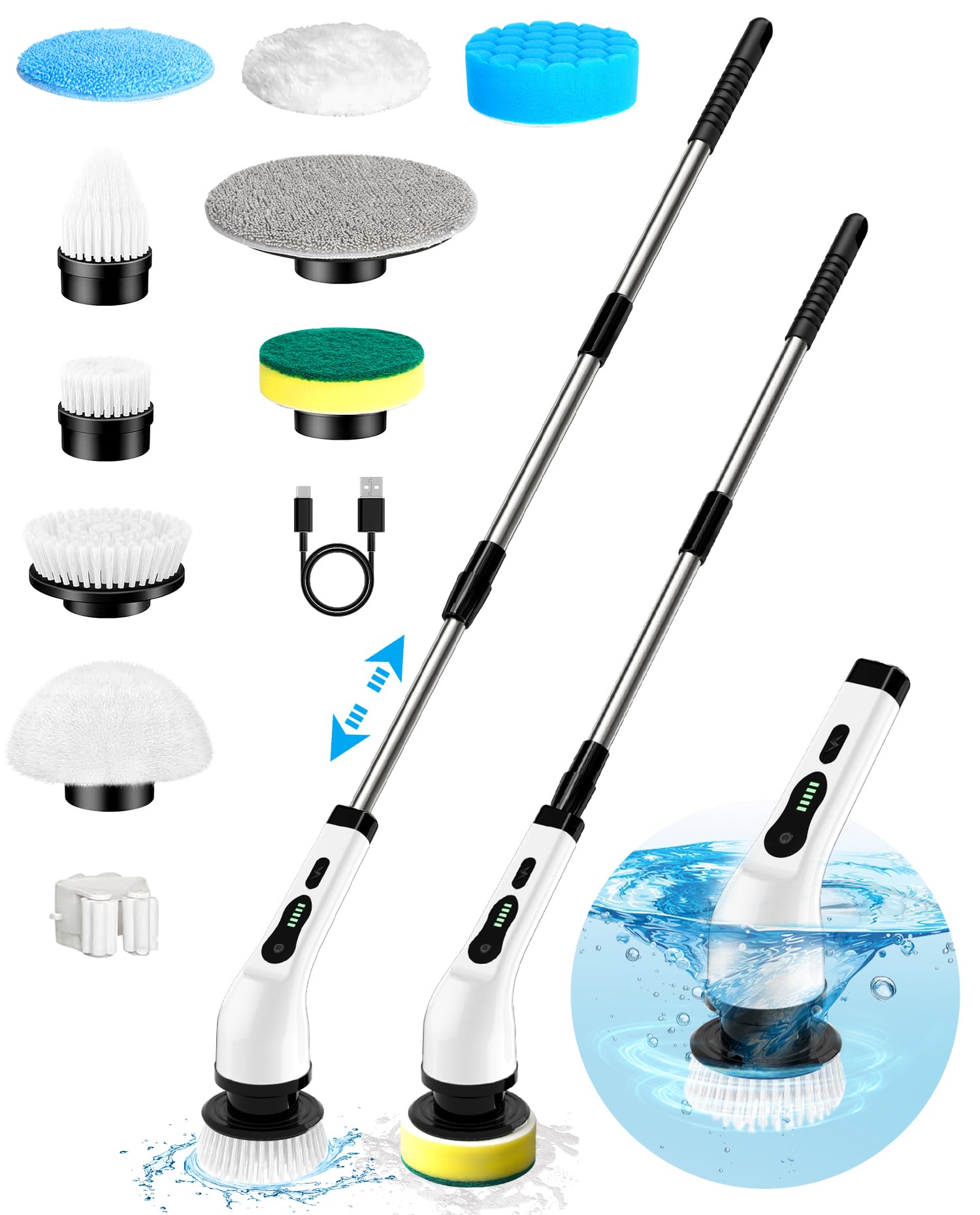 Electric Spin Scrubber, Full-Body IPX7 Waterproof Cordless Power Cleaning Brush With Adjustable Extension Handle 2 Speed Shower Scrubber With 7 Repla