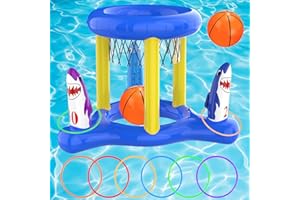 Dokeawo 2-in-1 Pool Toys Games Set, Inflatable Floating Shark Pool Basketball Hoop & Ring Toss Pool Toys for Kids Ages 8-12, Teens, Adults, Family Summer Outdoor Swimming Party Pool Games