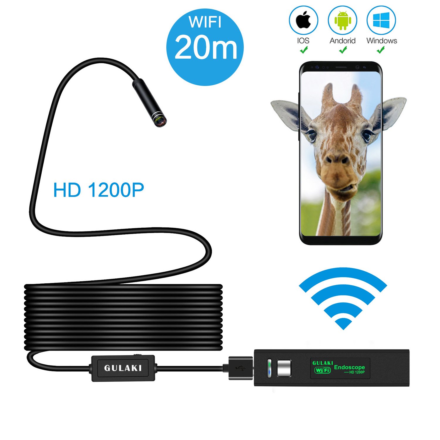 Wifi Endoscope, GULAKI Wireless Borescope Inspection Camera IP 68 Waterproof Snake Camera with 8 Adjustable LED 3.5M Cable 1200P HD Picture for Android & IOS Smartphone, iPhone, Samsung